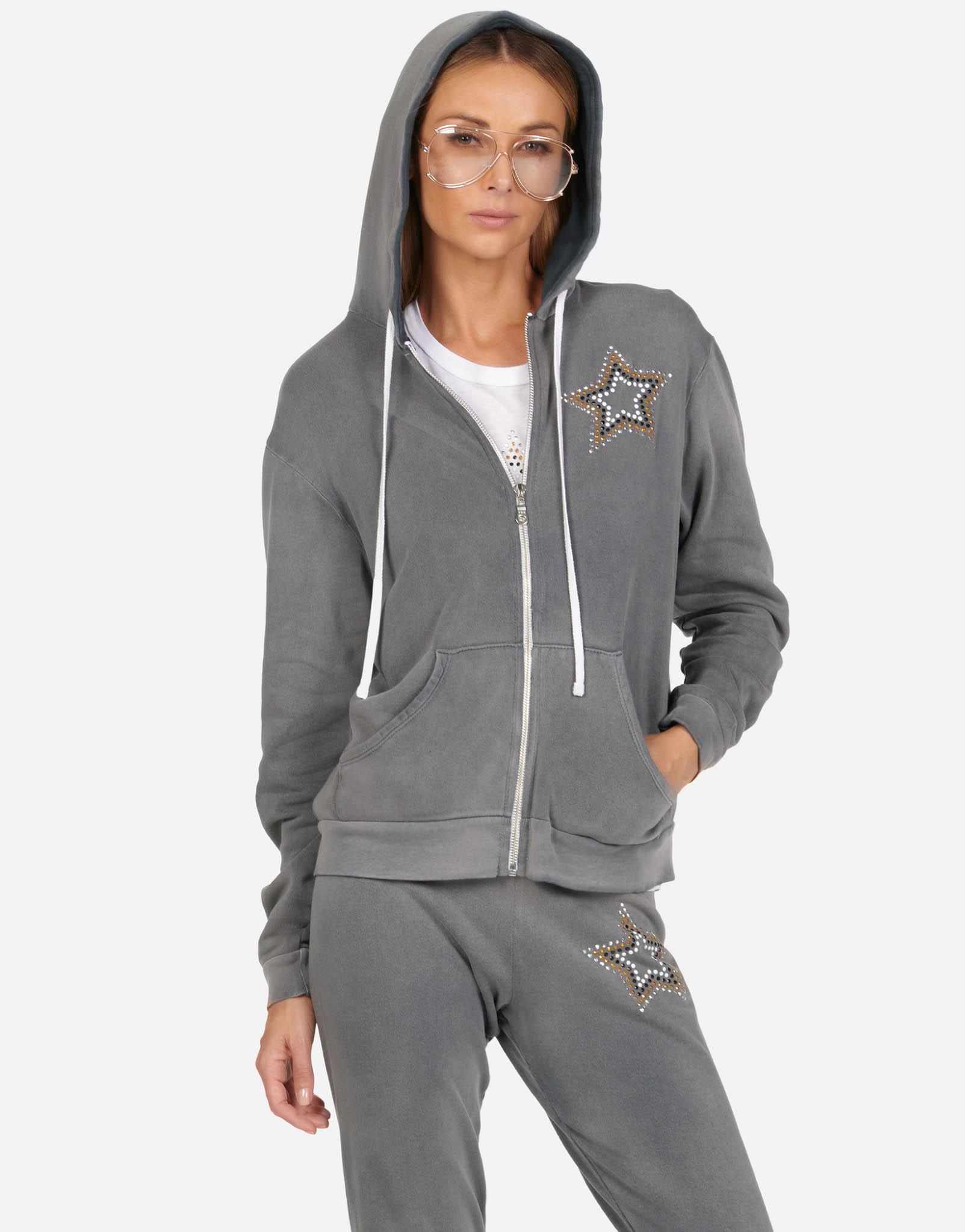 Outline Stud Star Zip Up Hoodie | Lennox by Lauren Moshi Faded Graphite / XL