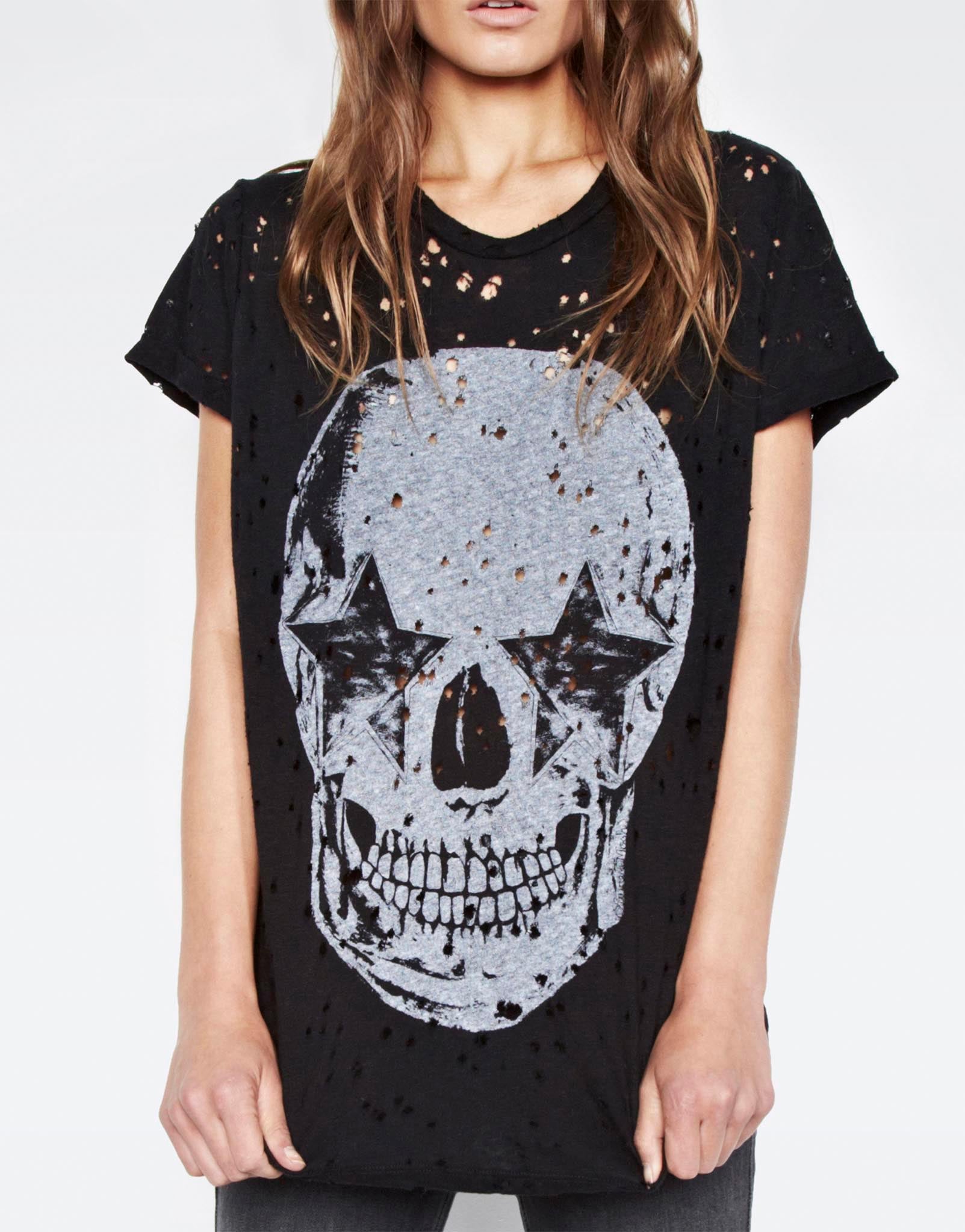 Lauren Moshi Bess LRG Star Eye Skull S/S Roll Up Slv Black Vintage Tee